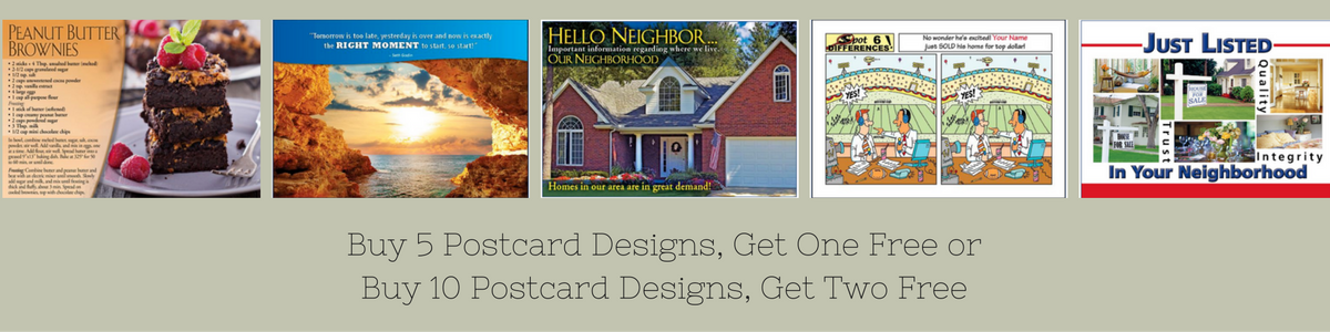 Buy 5 postcard designs, get one free offer